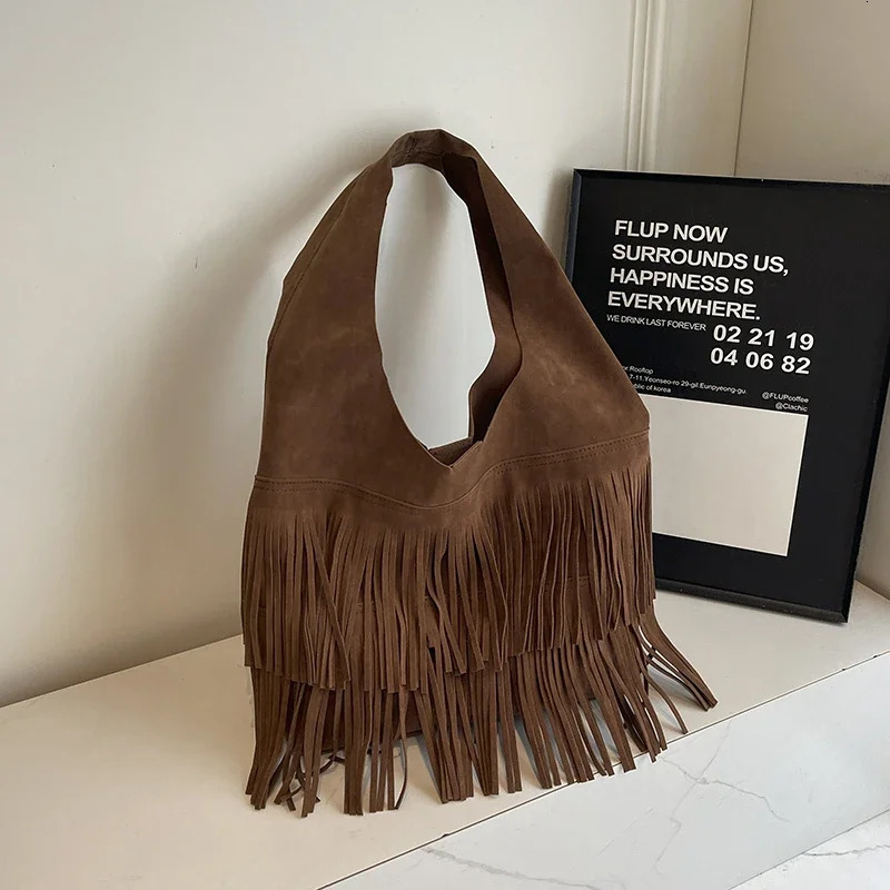 High End Minimalist Tote Bag 2024 Autumnwinter Fashionable Tassel Single Shoulder Womens Bag Large Capacity Frosted Bucket Bag 250208