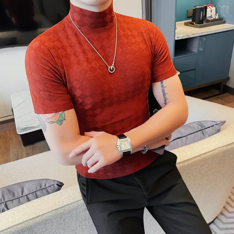 Summer checkered mens Tshirt fashionable clean suitable for short sleeves casual fully matched breathable high neck turtle 250207