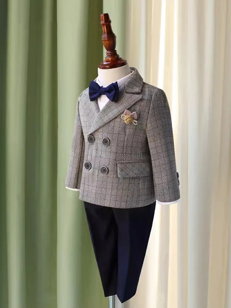 Boys Formal Plaid Dress Suit Set Child Wedding Birthday Party Performance Pography Costume Kids Blazer Pants Bowtie Clothes 250114