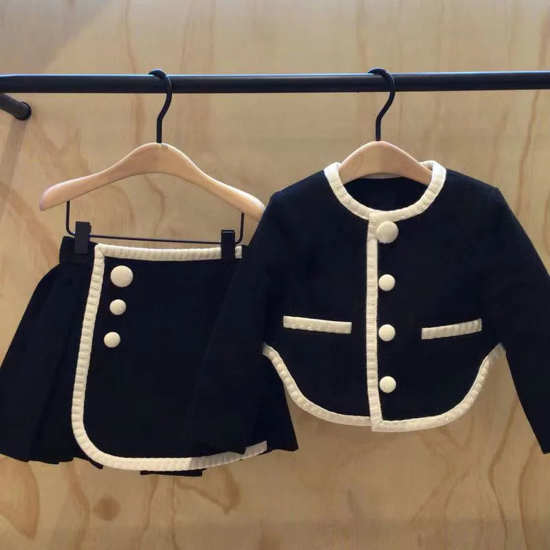 Spring Autumn Korean Children Girl 2PCS Clothes Set Cotton Open Stitch Coat Patched Pleated Skirt Baby Girl Outfit Kid Girl Suit 250114
