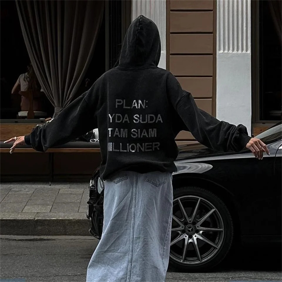 Autumn And Winter Women Clothing Harajuku Letter Retro Diamonds Y2k Distressed Hoodies Loose Causal Hooded Womens Sweatshirt 250110