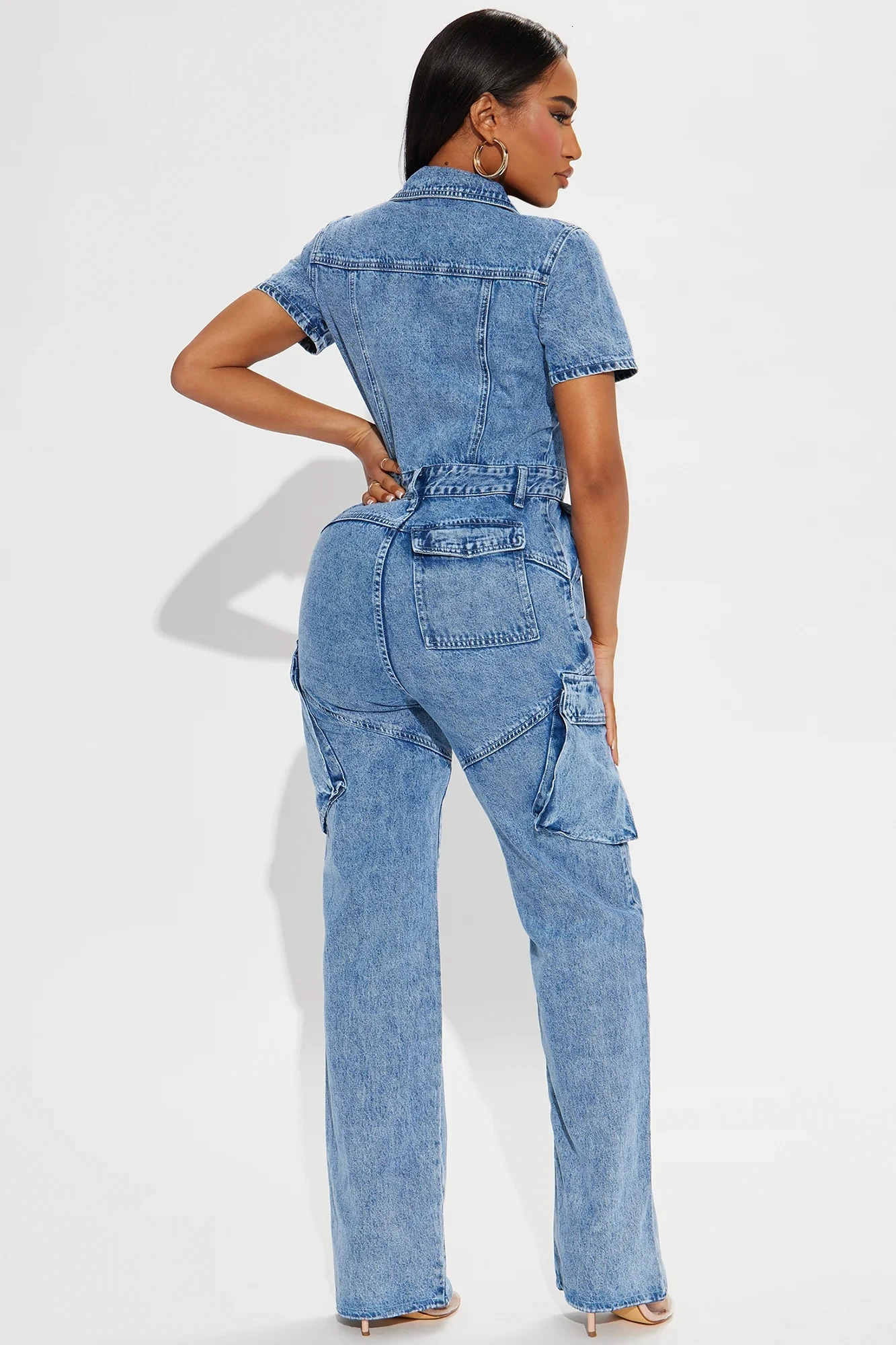Multi Pockets Jeans Cargo Jumpsuit Sexy Women Turn Down Collar Elegant Denim Casual Overalls Romper 250122
