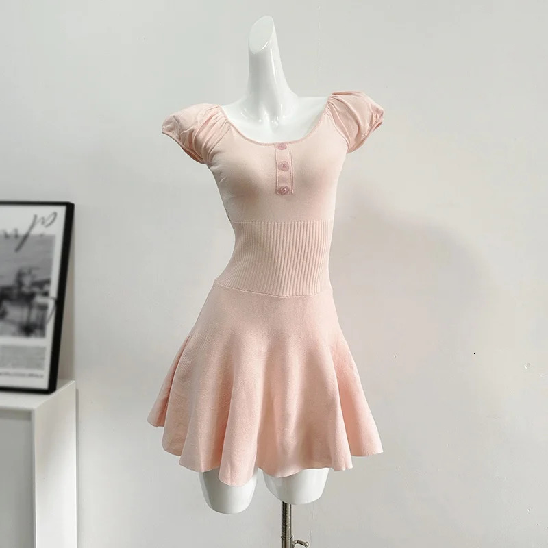 Sweet Short Ballet Style Dress Knitted Weight Loss Bubble Sleeves Solid Color Casual Summer 250208Z