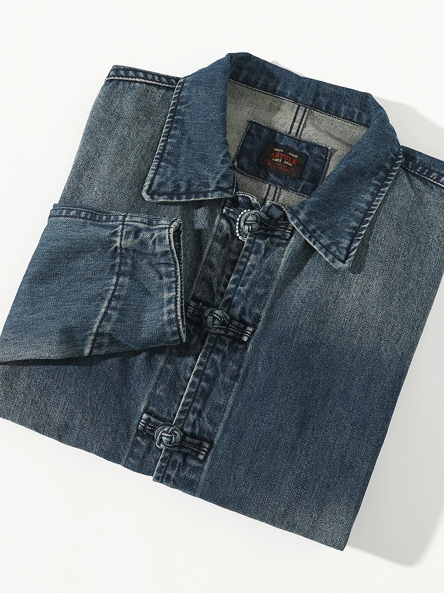 Spring And Autumn Chinese Style Mens Lapel Knot Button Washed Old Denim Jacket Loose Fashion 100% Cotton Casual Coat 250207