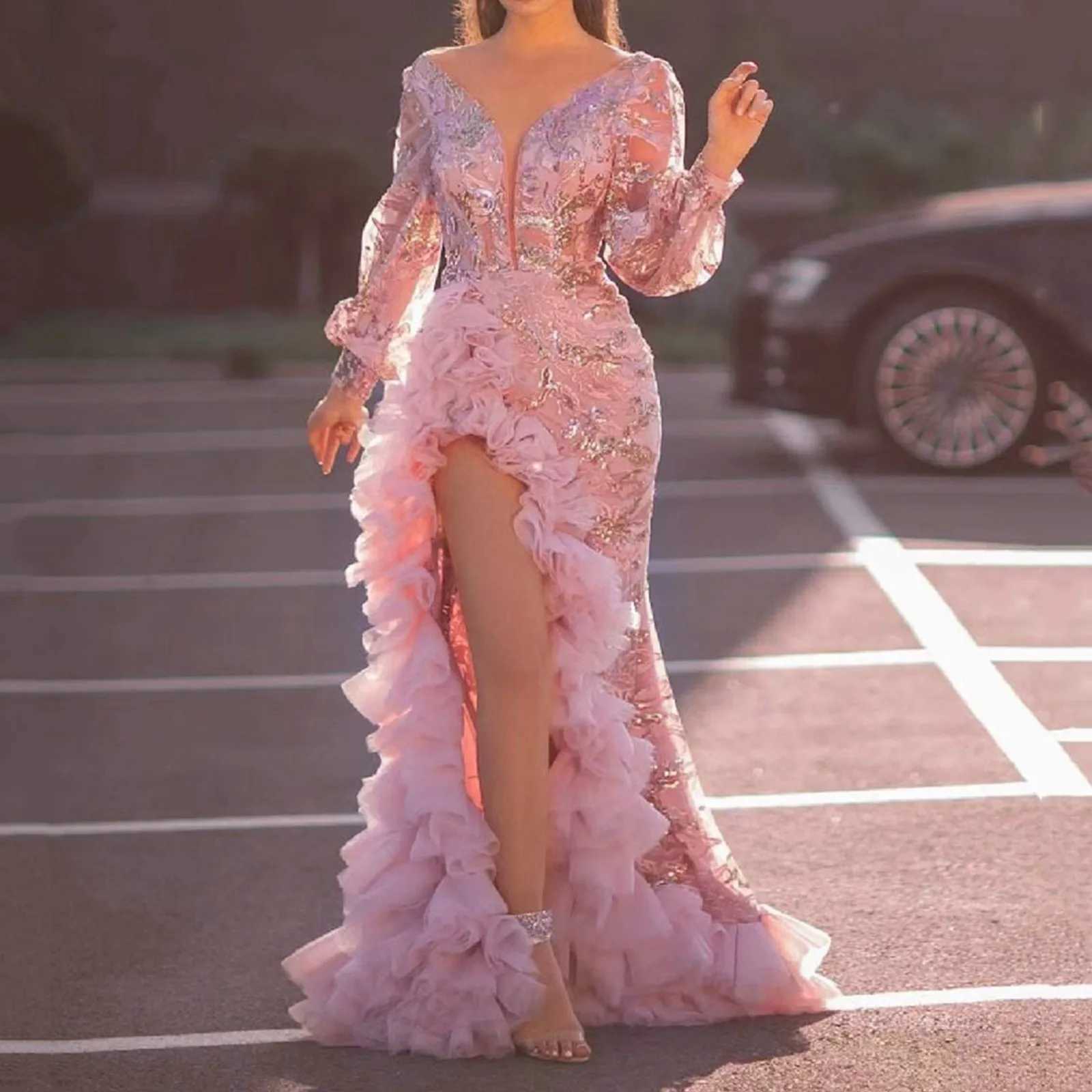 Womens Dp V-Neck Prom Dress Female Evening Gowns All Sequined Glitter Ruffles Split Maxi Dress Puffy Party Dress W250208