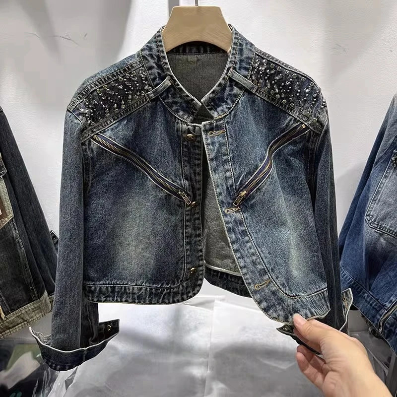 Short Cow Coat Diamond-Encrusted Women Denim Jackets Outwear Fashion Spring Autumn Chic Zipper Denim Jacket Female 250122