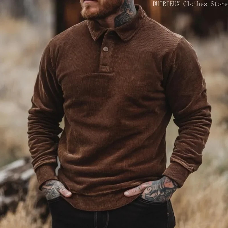 Autumnwinter Mens Vintage Corduroy Polo Shirt Longsleeved Pullover Sweatshirt Business Casual Brown Gym 250207