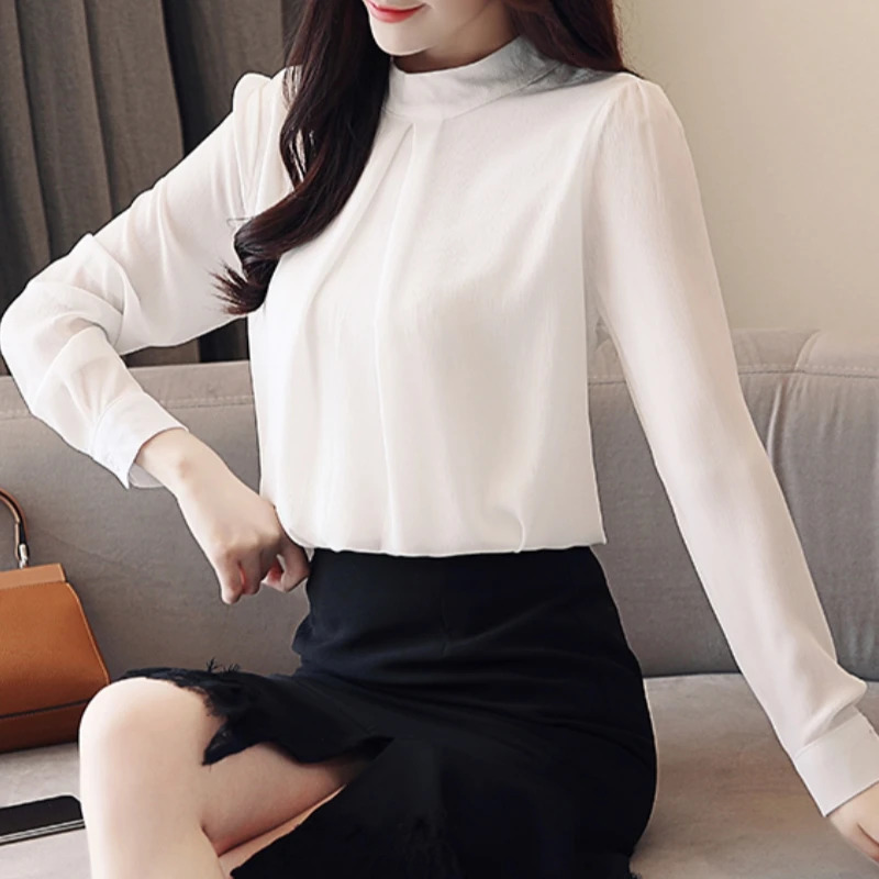 2025 Spring Autumn Chiffon White Womens Blouse Long Sleeve Stand Collar Elegant Workwear Office Lady Korean Shirts Female 250121