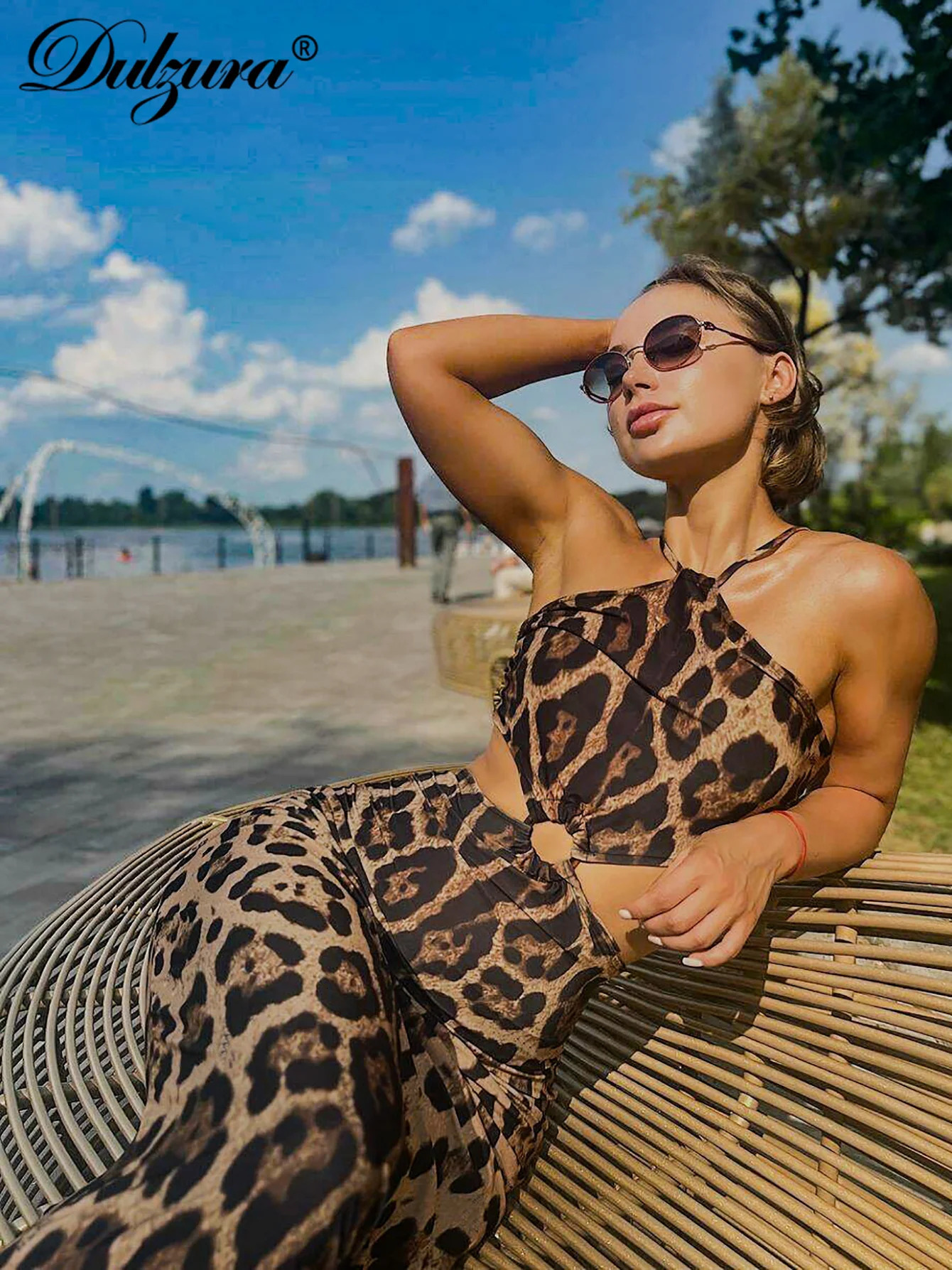 Dulzura Leopard Sleeveless Halter Hollow Out Backless Midi Dress With Button Womens Sexy Outfit Party Clubwear Autumn Winter 250207