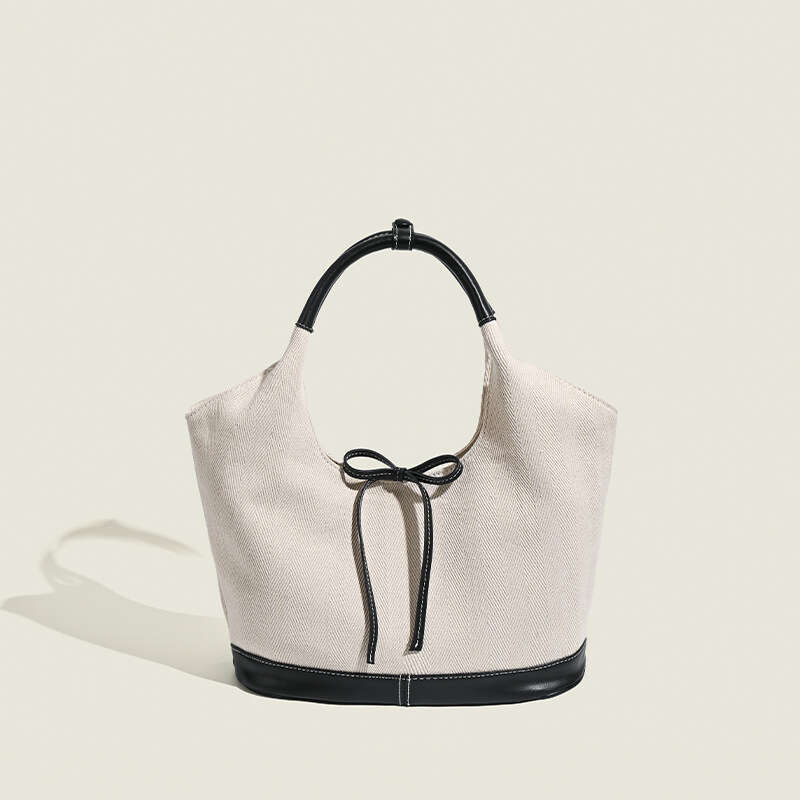 Korean Niche French Bow Tote Splicing Simple Commuting Versatile Shoulder Solid Color Casual Large Bag