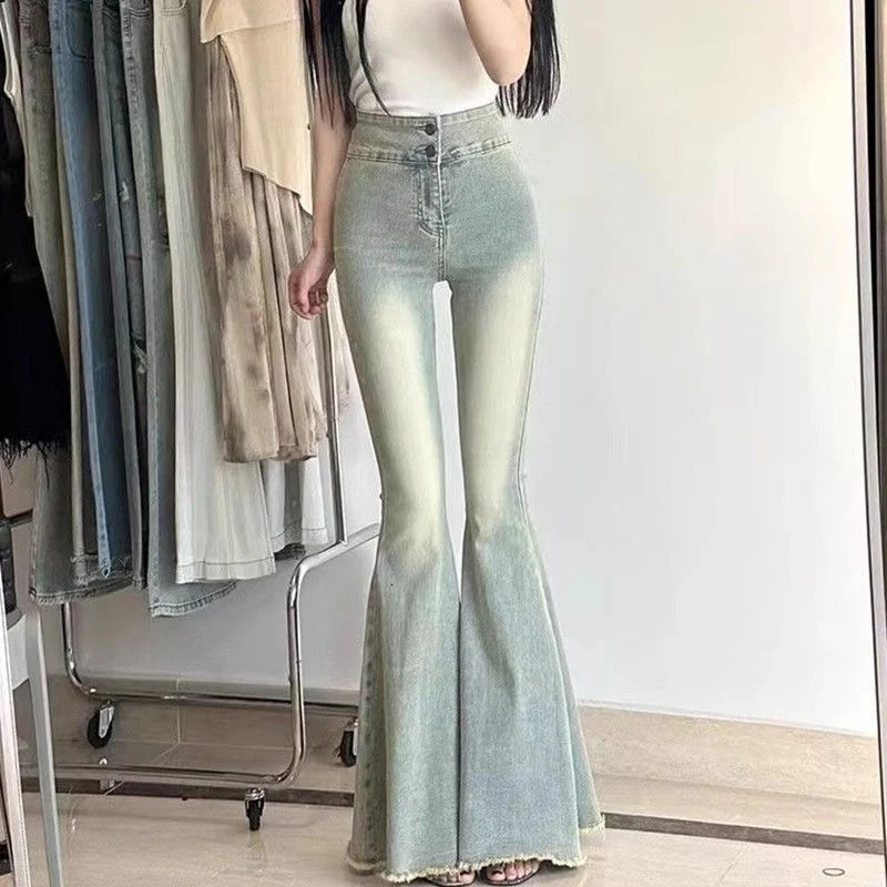 Woman High Waist Streetwear Slim Jeans Female Y2k Clothes Bell Bottom Pants Girls Gothic Black Blue Denim Trousers 250206
