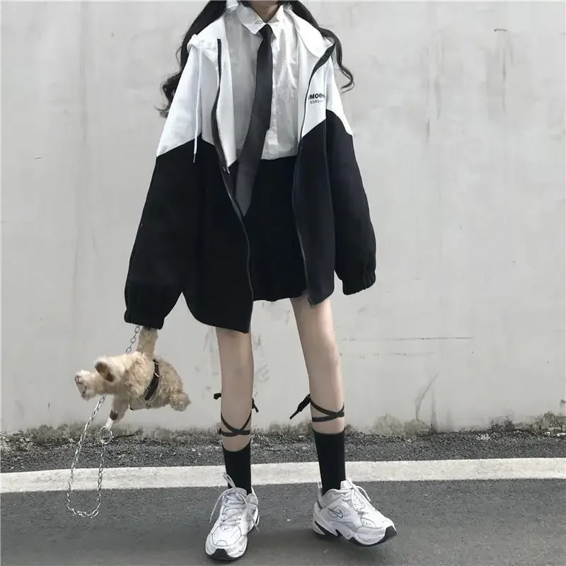 Fashion Zipper Hooded Jacket Women Oversized Varsity Jackets Japanese Female College Coats Korean Streetwear Dropship 250207
