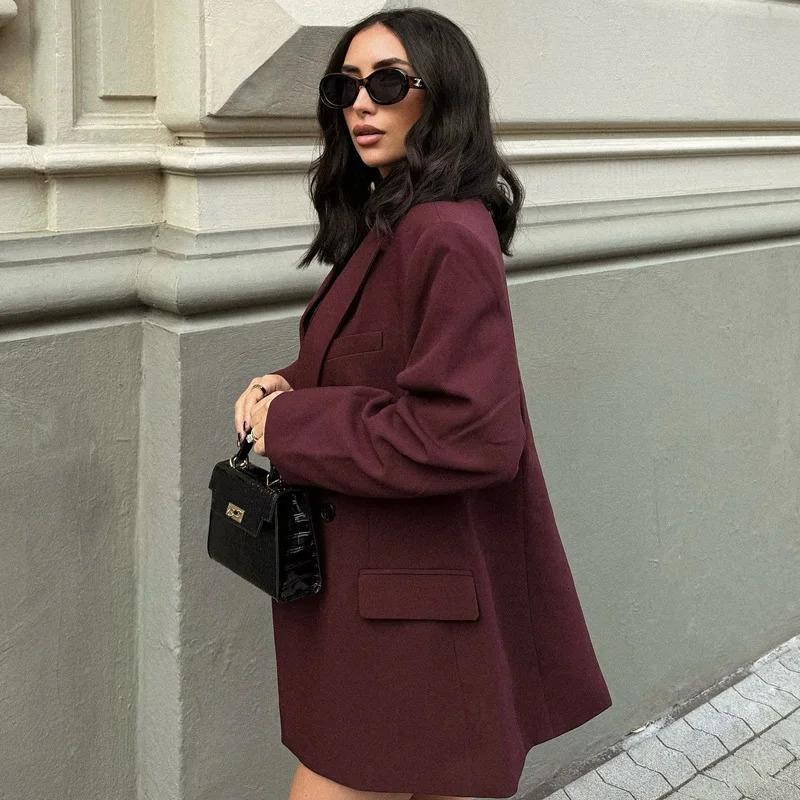 HXAO Womens Blazer Office Wear Women Burgundy Blazers Outerwears Autumn Suit Jacket Red Long Sleeve Coats Mujer 250208wtt