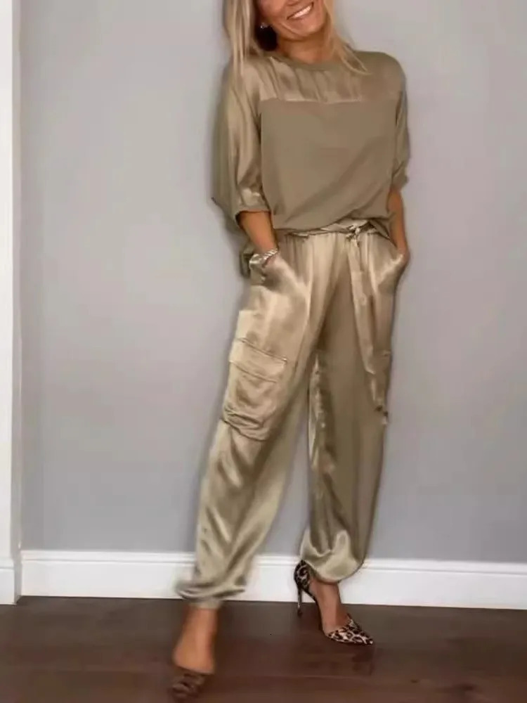 For Women Spring Summer Fashion Solid Color Satin Two Piece Set O Neck Long Sleeve Top Long Pants Casual Loose Two Piece Set 250206