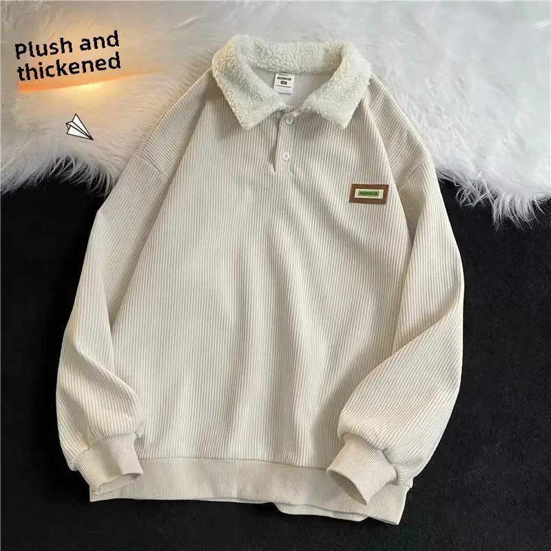 Lamb Fur Mens Hoodie Coat Autumn Winter Thickened Polo Collar Sweatshirt Fleece Lined Fashion Style For Teens And Adults 250207