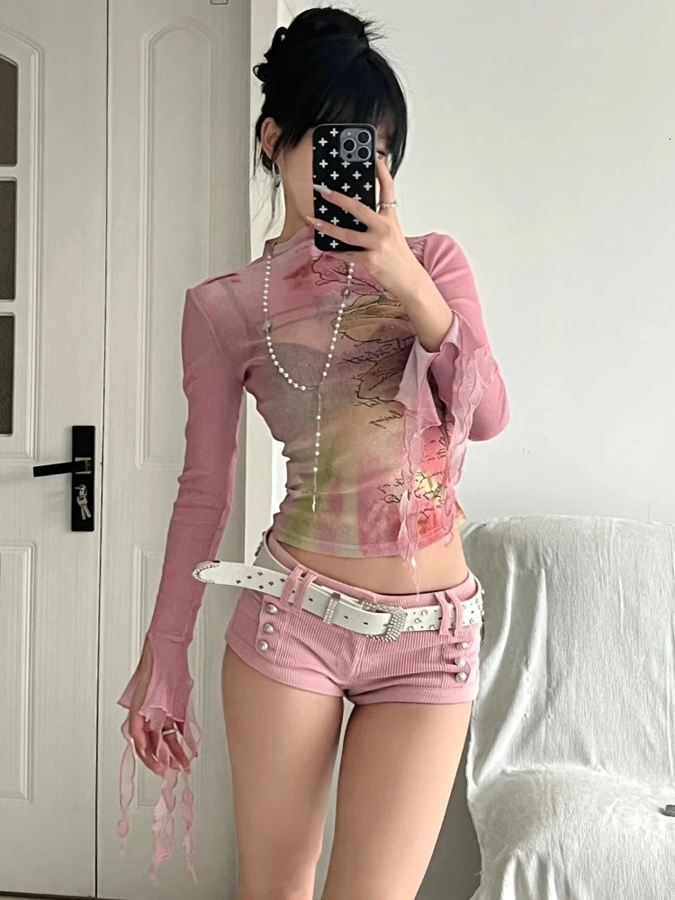 Y2k Clothes Mesh Crop Top Sheer Long Sleeve T-Shirt 2000s Aesthetic Pink Top Korean Tops Harajuku Style