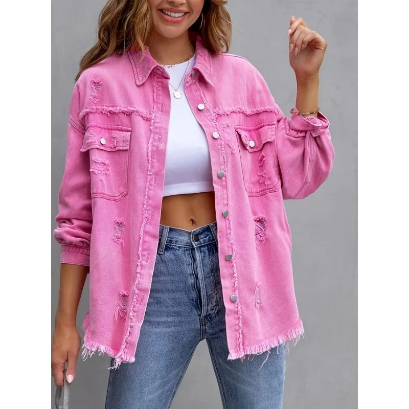 2024 Broken Holes Solid Color Denim Jacket Ladies Comfortable Casual Loose Button Cardigan Coat Streetwear Womens Outerwear 250208Z