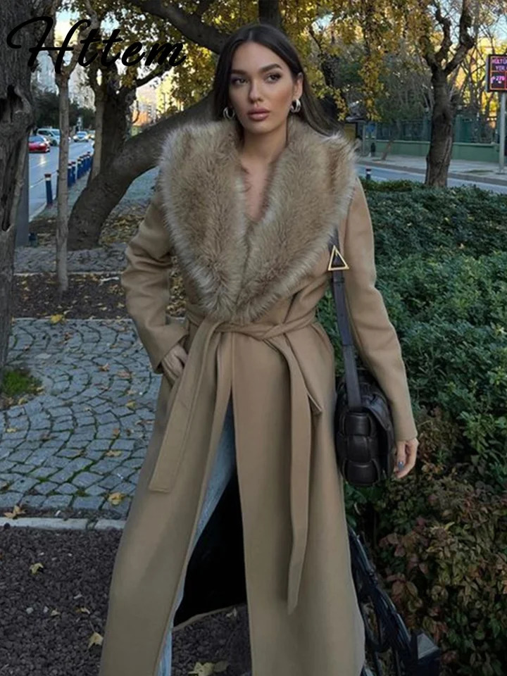 Elegant Fur Lapel Maxi Coat Lace Up Full Sleeve Pocket Wool Long Overcoats 2024 Winter Lady High Street Outwear 250110Z