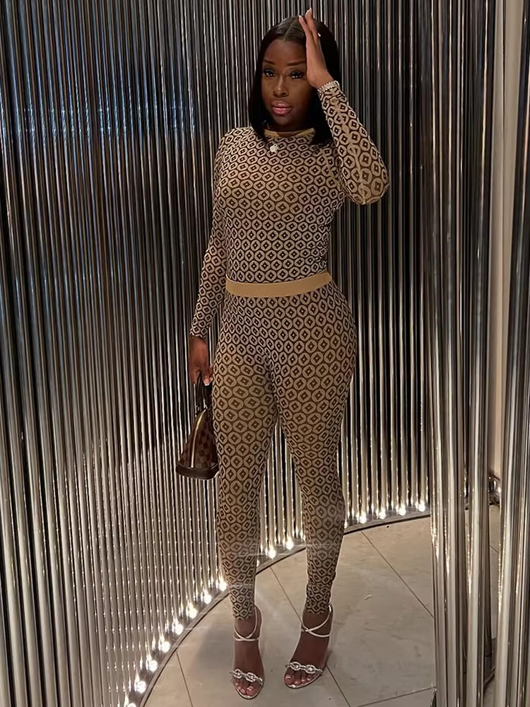 Weird Puss Coins Print Women 2 Piece Set Casual Sporty Elastic Full Sleeve Crop Tops+Wide Waist Leggings Matching Activity Suits