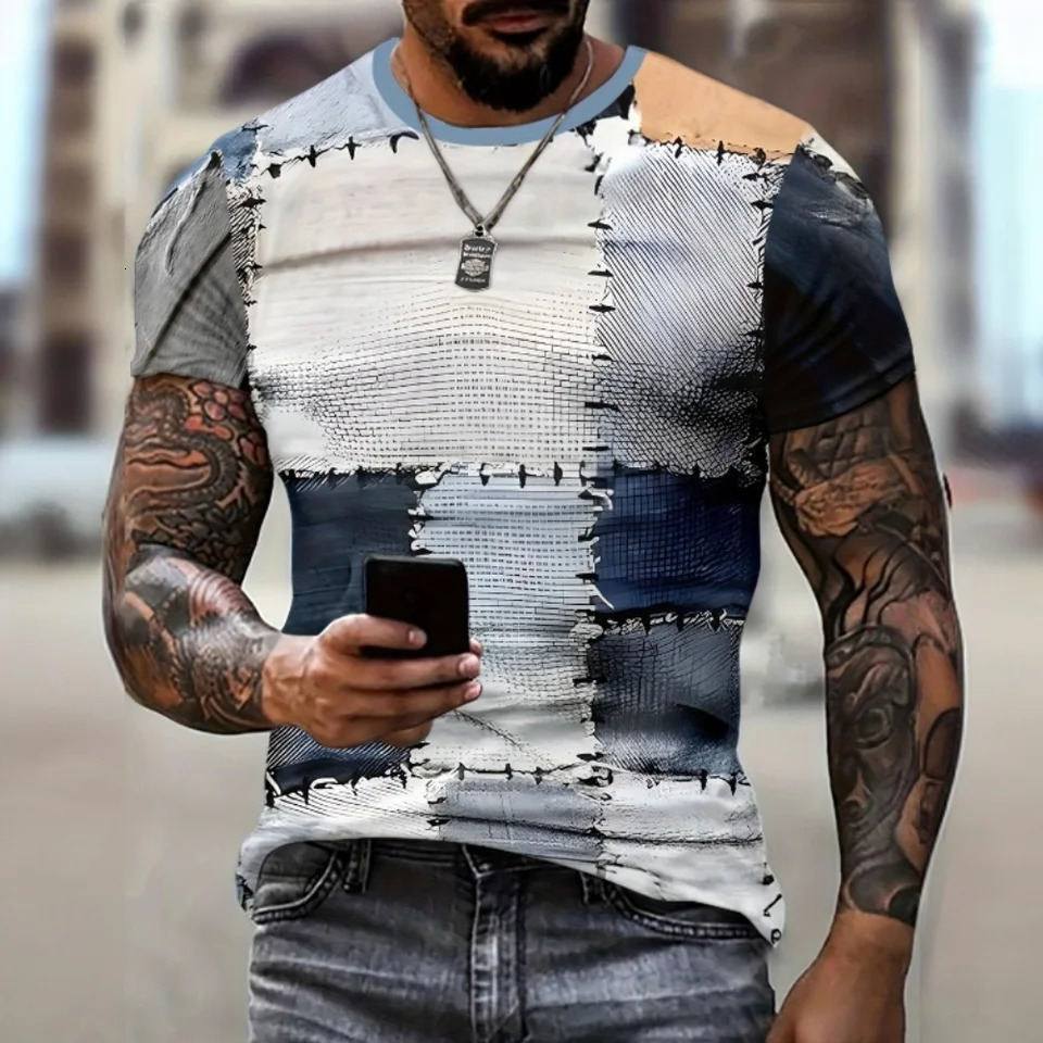 Vintage TShirt For Men Patchwork Denim Color Block Stitched Plaid Graphic T Shirts Short Sleeve Tee Oversized Clothing Tops 250207