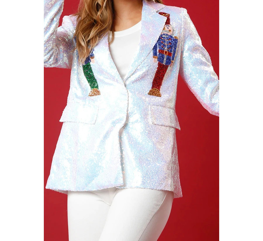 Womens Blazer Autumn/winter Christmas Fashion Casual Loose Print Collar Sequin Party Multi-color Long Sleeve Y2k Coats 250207