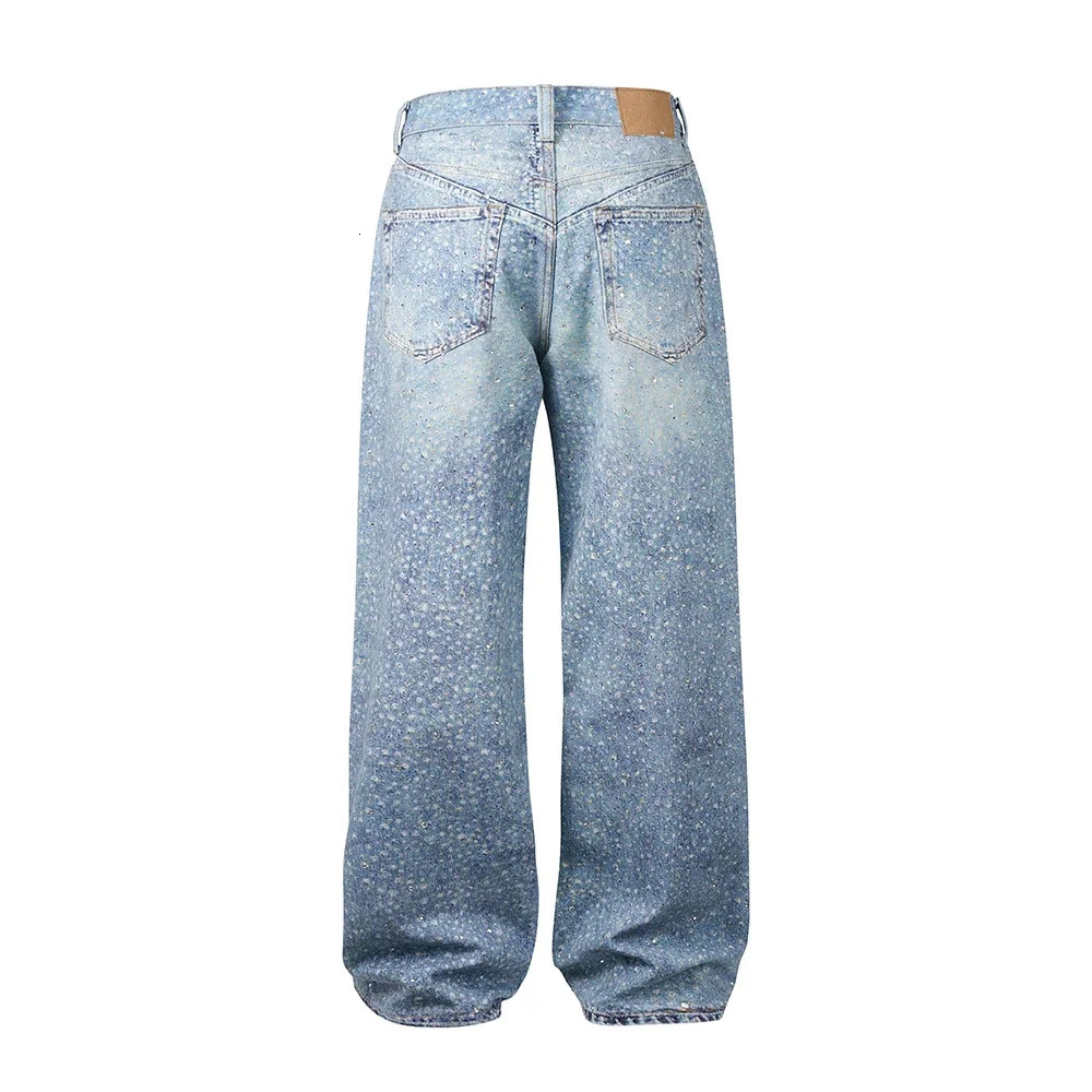 Full Rhinestone Print Washed Blue Baggy Jeans Mens and Women Ropa Hombre Streetwear Solid Casual Denim Trousers Loose Cargos 250226