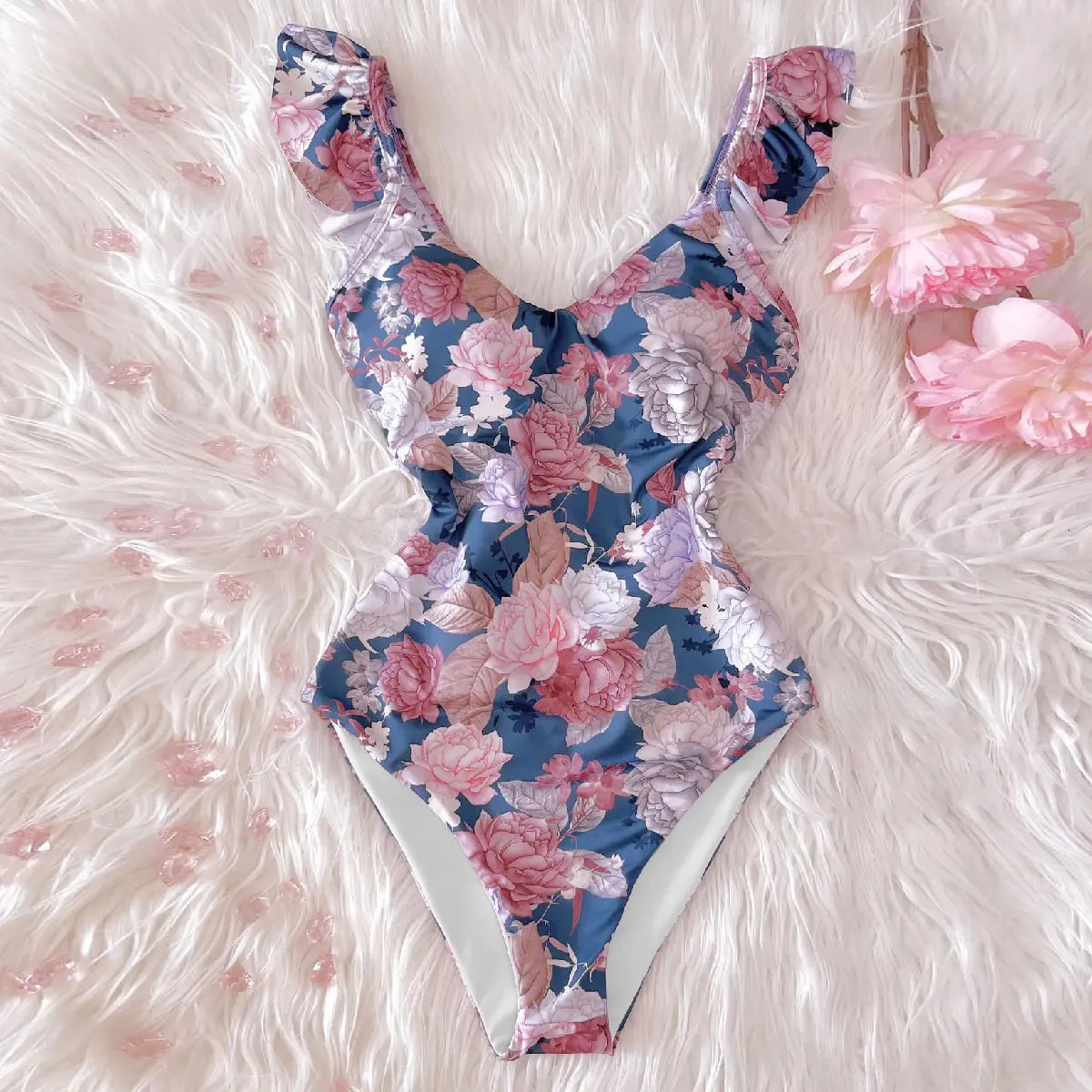 2025 Print Swimwear Deep V-neck Ruffle Swimsuit Push Up One Piece Swimsuit Beach Wear Backless Monokini 250206