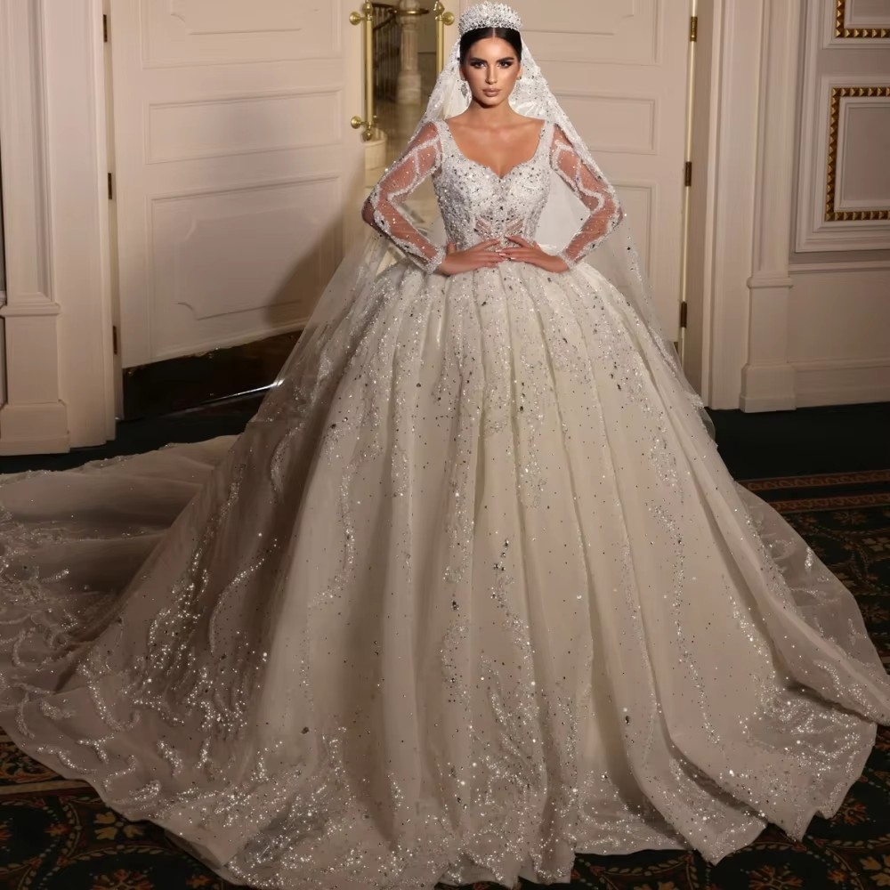 V-Neck Long Sleeve Ball Wedding Dress with Sequins & Appliques - Sweep Train, Custom Made Bridal Gown
