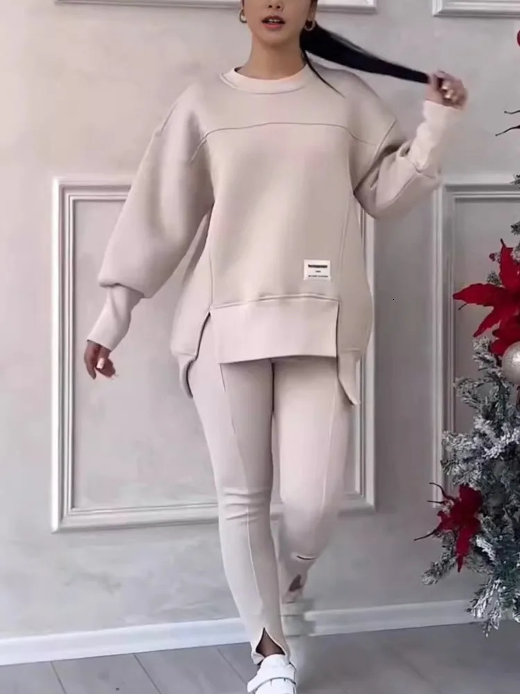 Womens Casual Sweatshirt Sports Set Autumn Winter Fashion Solid Loose Irregular Sweatshirt Top And Slim Trouser Two Piece Sets 250207