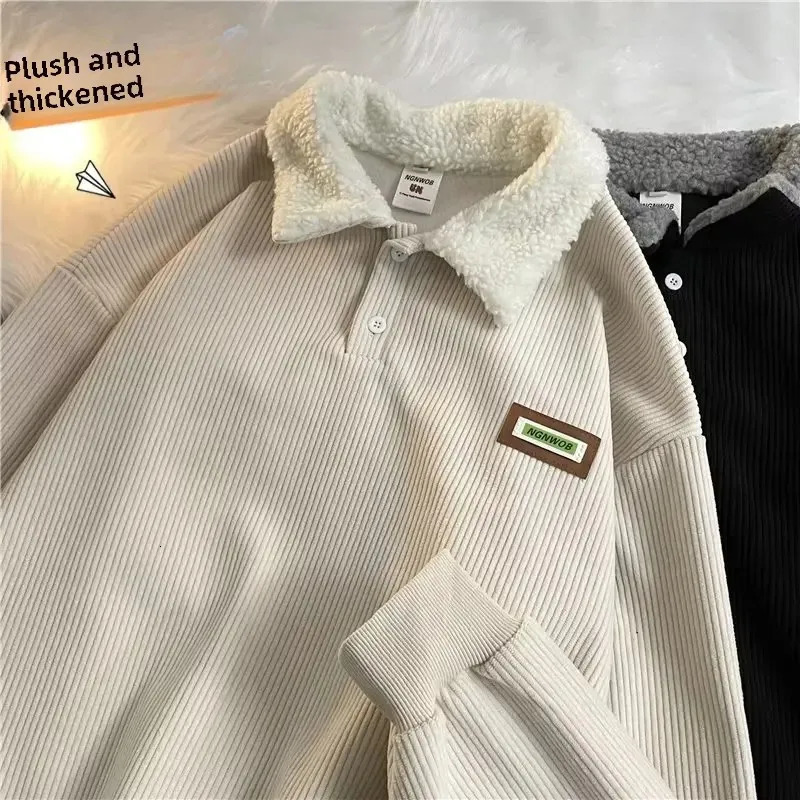 Lamb Fur Mens Hoodie Coat Autumn Winter Thickened Polo Collar Sweatshirt Fleece Lined Fashion Style For Teens And Adults 250207