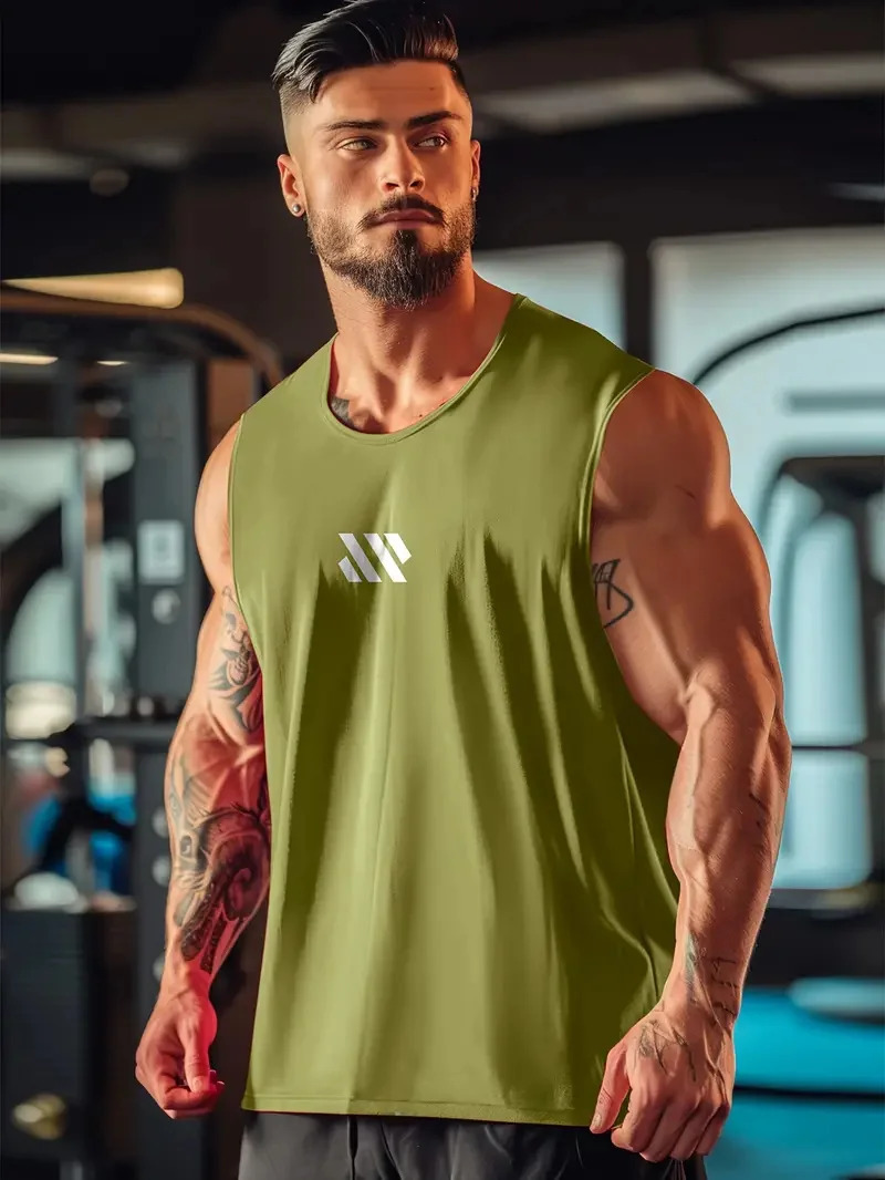 Summer mens solid color monogram round neck sleeveless undershirt daily fitness sports breathable not boring short sleeve 250207