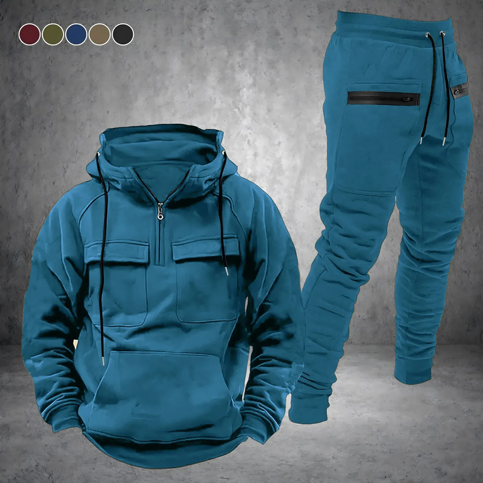 Soild Mens Sweatshirt 2 Piece Outfit Autumn And Winter Fashion Hald Zipper Hooded Sweater Pants Sports Outfit Mens Clothing 250206