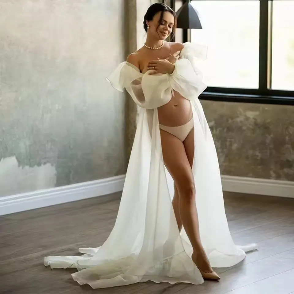 Boho Maternity Po Shoot Chiffon Dress Ruffle Neck Lantern Sleeve With Tie Cord Pregnancy Robe For Baby Shower 250114