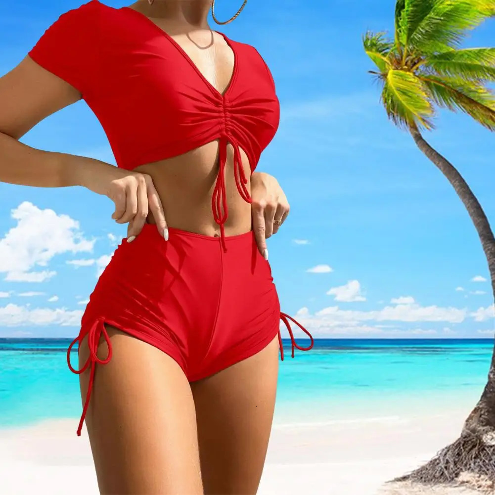2Pcs/Set Summer Bikini Set V-Neck Short Sleeve Tops High Waist Drawstring Swimming Trunks Solid Color Quick Drying Swimsuit 250206