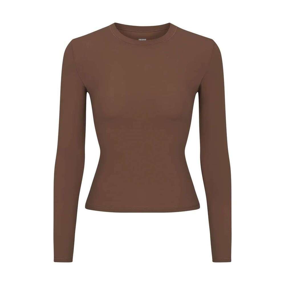 Women's autumn fashion SK style, solid color round neck long sleeved high neck waist cinched basic top for women's casual base shirt
