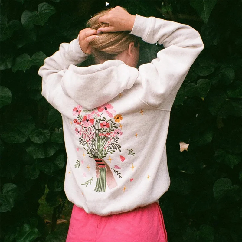 Womens Y2k Graphic Floral Print Hoodies Vintage Oversized Crew Neck Sweatshirt Teen Girls Loose Fit Pullover Top Streetwear 250207