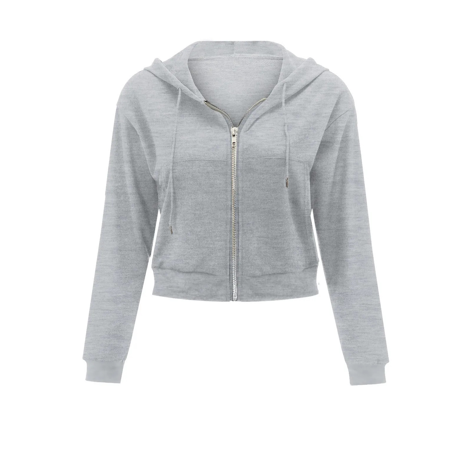 2024 Fashion Cropped Hoodie Solid Color Zip Up Oversize Hoodies Long Sleeve Casual Sweatshirt Elegant Holiday Pocket 250208Z