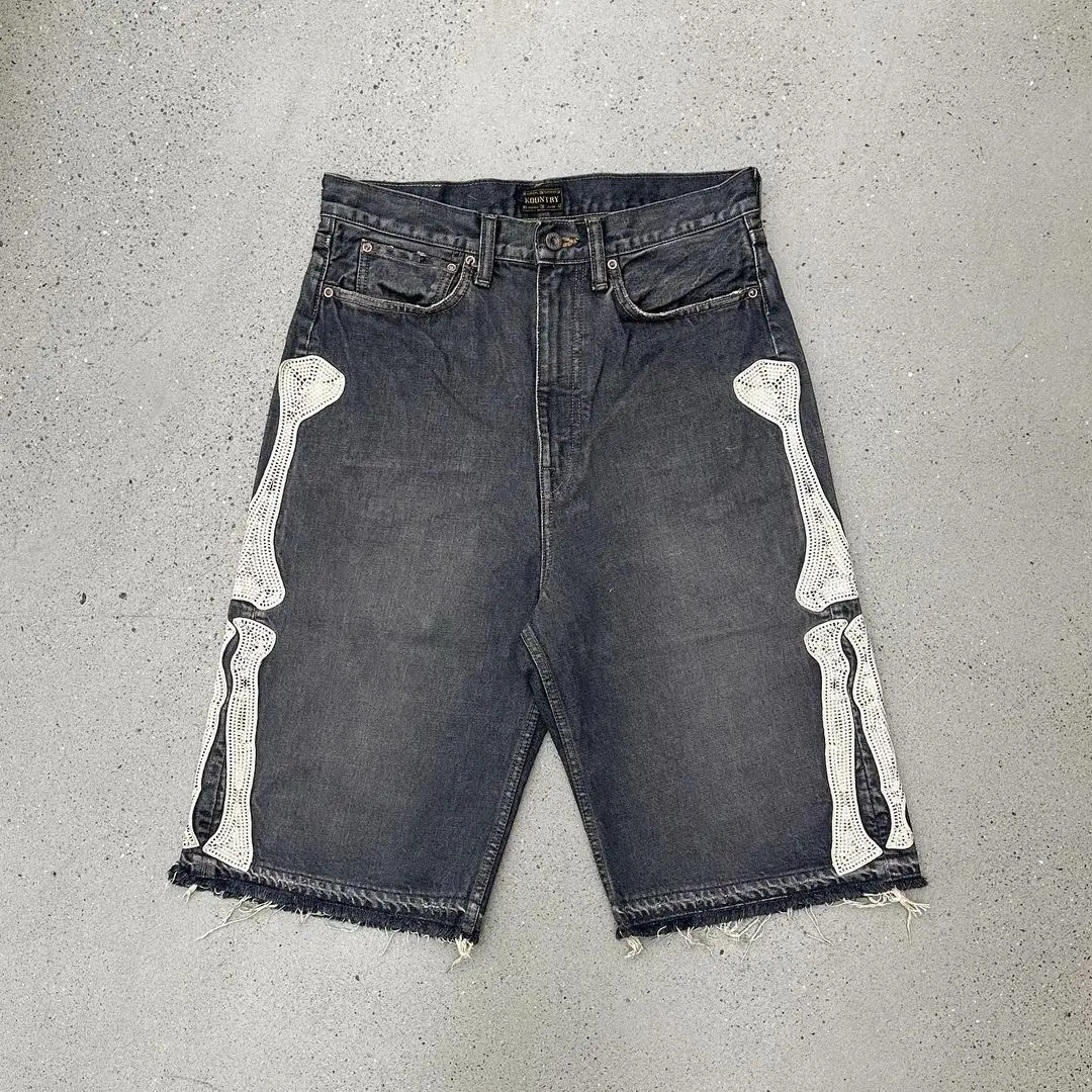 Harajuku Street Trend Y2K Bone Embroidery Five-point Jeans Mens Loose Straight Pants Washed Blue Jeans Summer Shorts for Men 250208