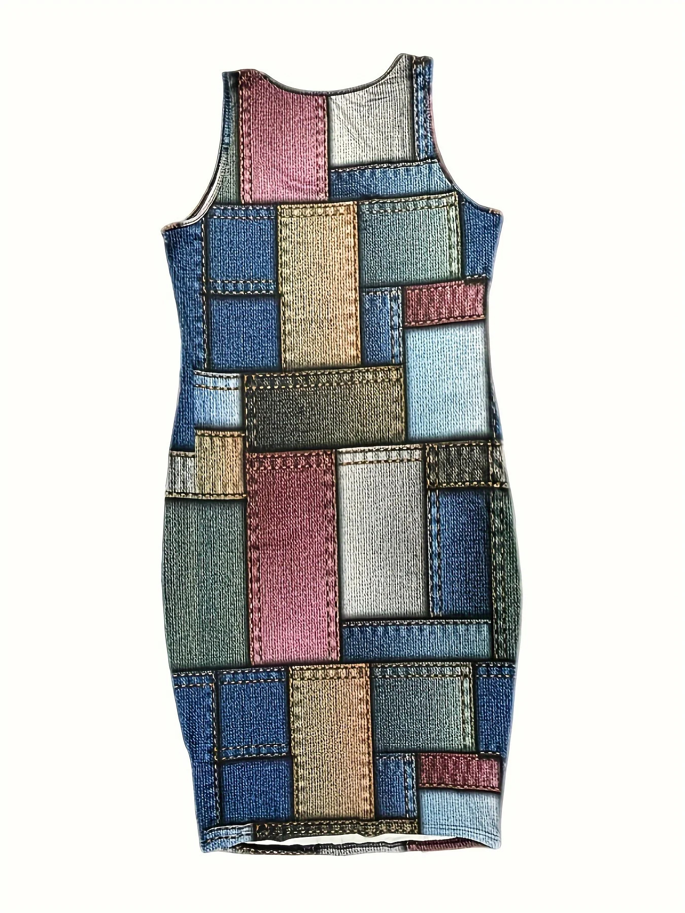 Plus Size Denim Print Fashion Dress EyeCatching Colorblock Soft Stretch Flattering Bodycon Fit Midi Length for Stylish Women 250207