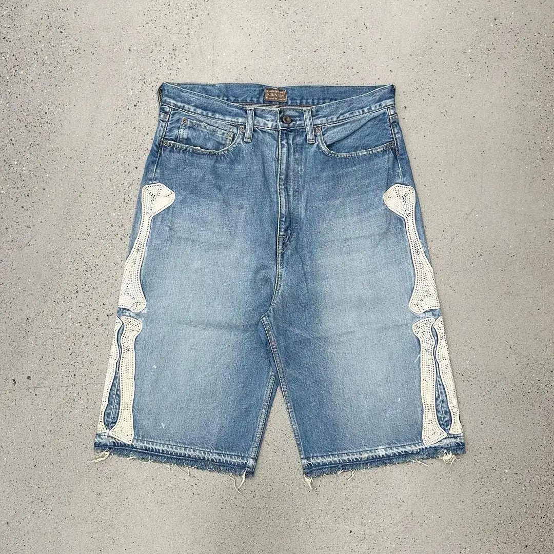 Harajuku Street Trend Y2K Bone Embroidery Five-point Jeans Mens Loose Straight Pants Washed Blue Jeans Summer Shorts for Men 250208
