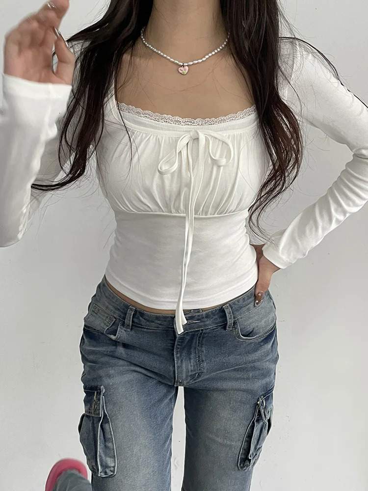 Ruched Tie Lace Trim Square Collar Slim Long Sleeve White Y2K T Shirt Women Cute Japanese Kawaii Clothing 250114