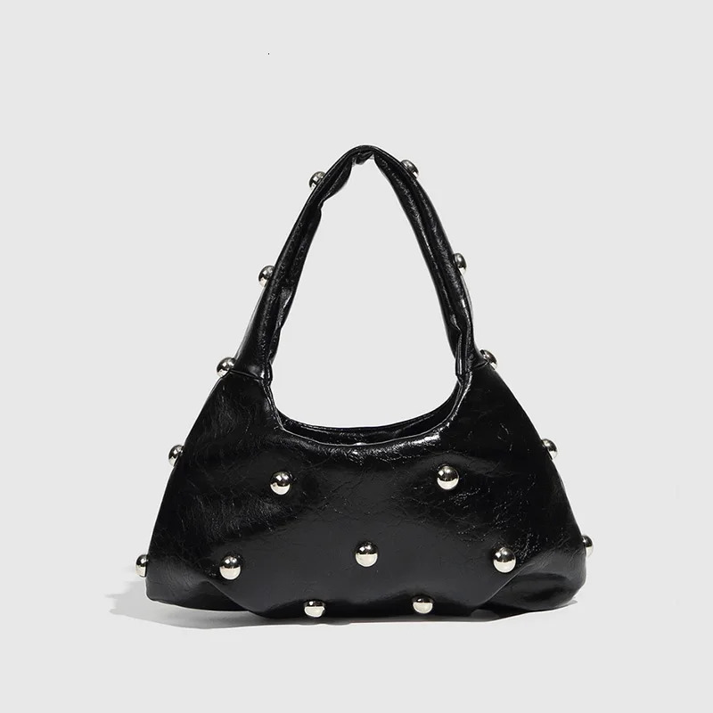 Mushroom Rivet Cowhide Shoulde Bag Brown Fashion Handbag Underarm Bag 2025 High-end Niche Silver Metal Lady Bag 250208
