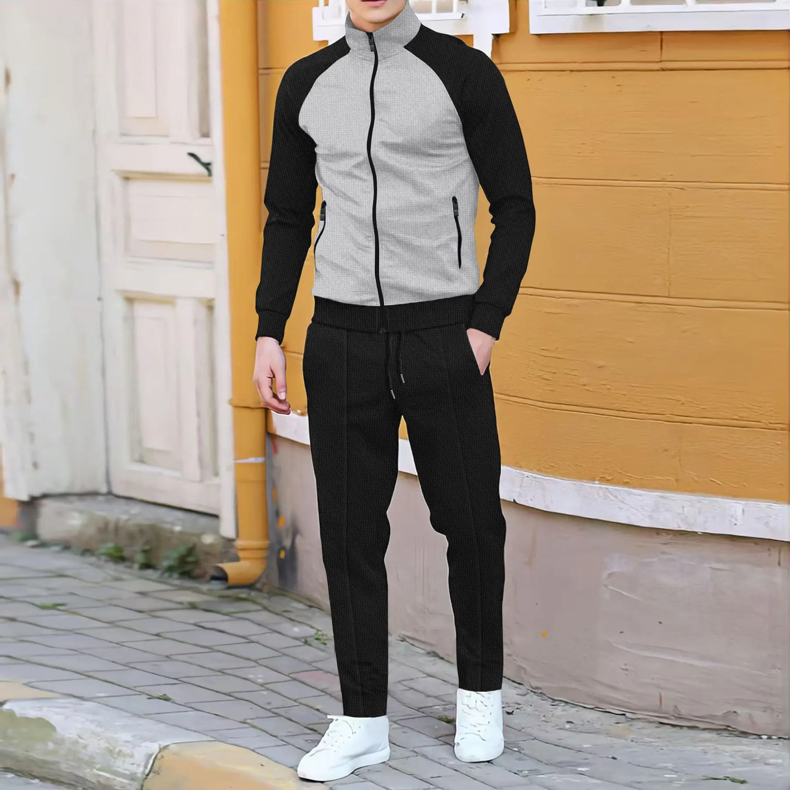 Spring and autumn mens casual suit fashion color contrast with rotator sleeve high neck jacket trousers casual outdoor sports 250208
