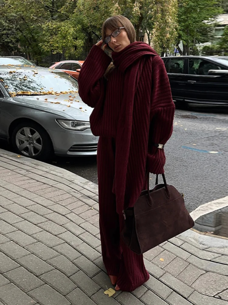 Elegant Burgundy autumn long sleeved sweater set fashionable knitted scarf with floral pattern Trouser set womens warm streetwear 250207