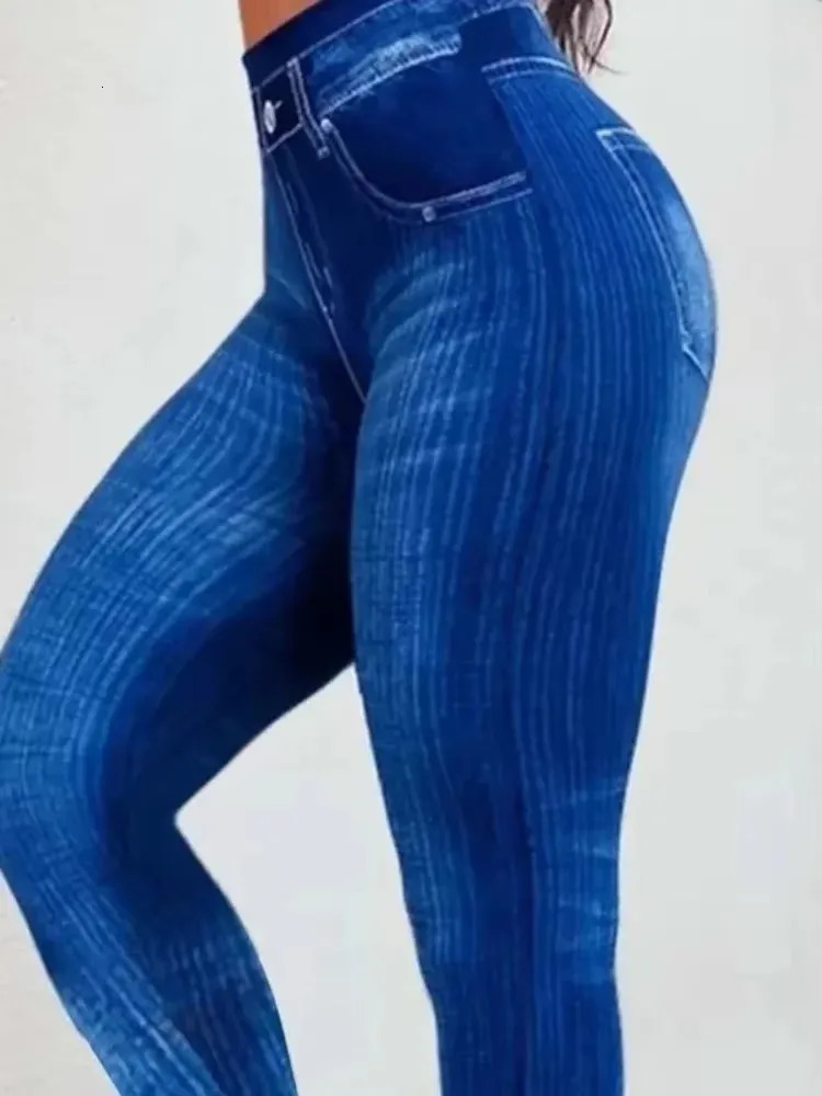 Fashion Plus Size 1XL5XL Womens Sporty Leggings Ladies Casual Denim Print High Rise Slight Stretch 250206