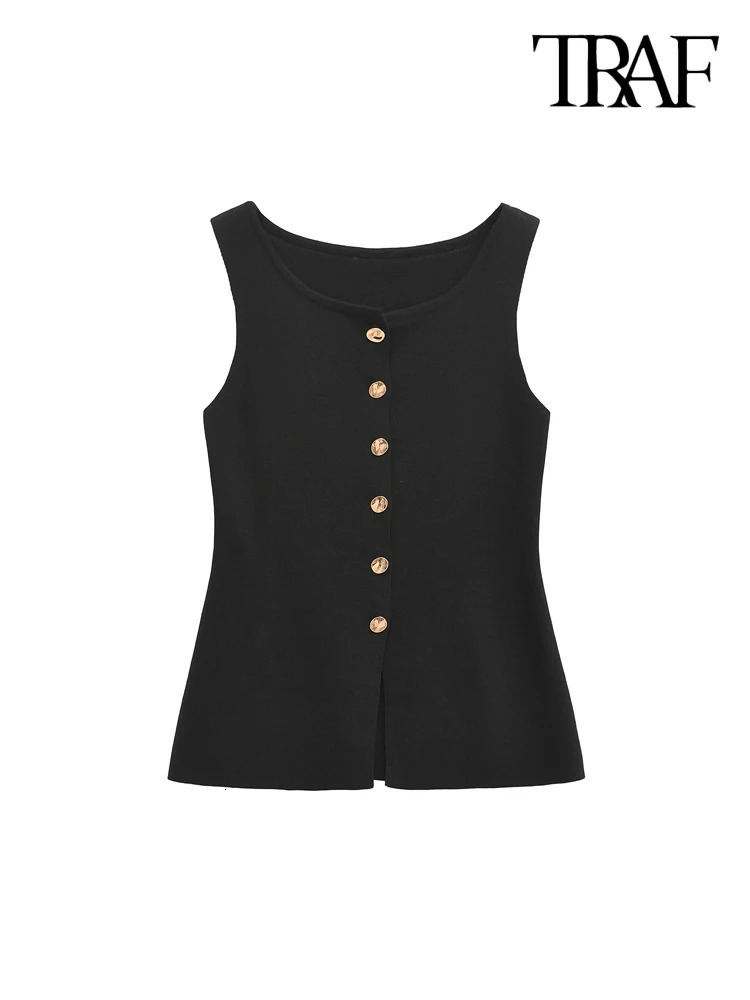 TRAFWomens Knitted Vest with Golden Buttons Sleeveless Sweater O Neck Chic Tops Female Waistcoat Fashion 250207
