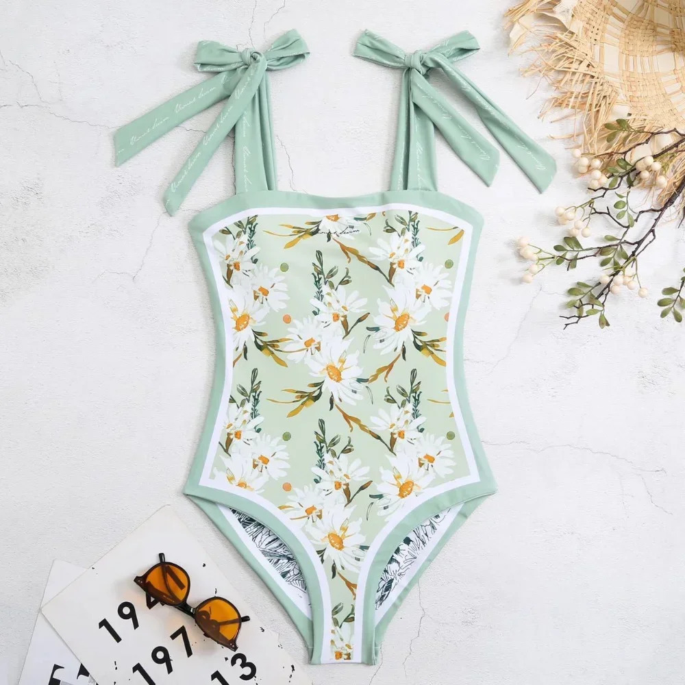 Vintage Printed Double-sided Wear Swimming Bathing Suit Women Bandage Sexy One Piece Swimsuit Beachwear Swimwear Woman 250206