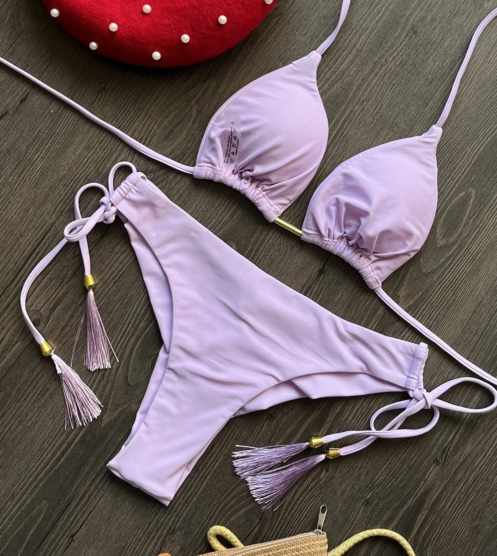 2023 Sexy Triangle Bathing Suit for Women Brazilian Bikinis Halter Swimwear Push Up Swimsuit Metal Chain Beach Bikini Set 250208Z