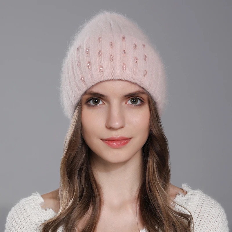 CNTANG Winter Hat For Women Warm Knitted Angora Rabbit Fur Beanies Fashion With Bead Hats Female High Quality Casual Cap 250207
