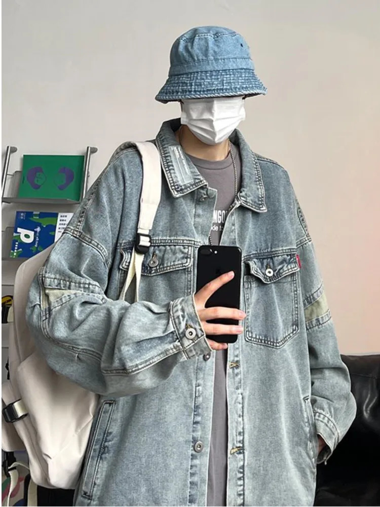 Loose Denim Jacket Men Casual Solid Color Lapel Single Breasted Jeans Outwear Bomber Streetwear Windbreaker Coat 250207
